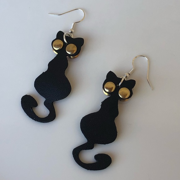 Cat Earrings Vegan Leather Rhinestone Black NEW - Picture 4 of 6